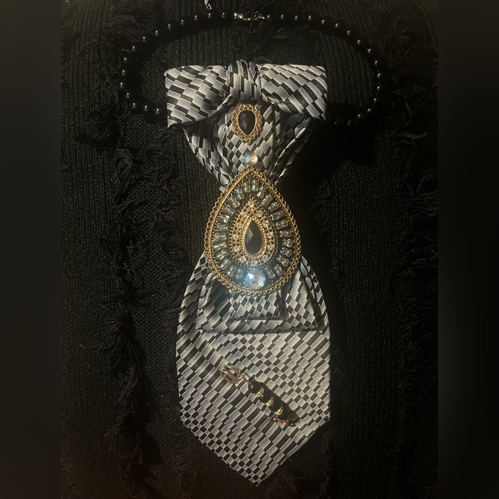SOLD Elegant Black and Silver Tie with Gold Accents